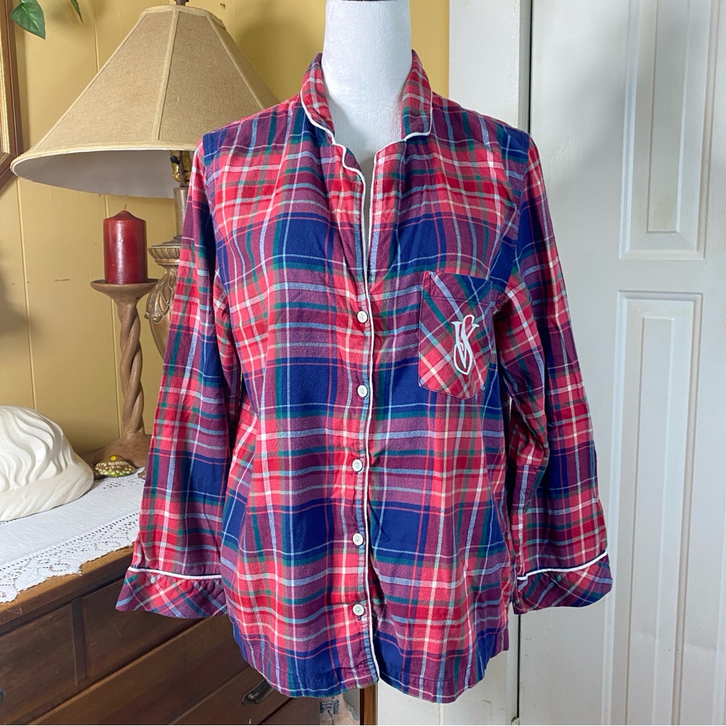 Victorias Secret Womens Ls Button Up Red Green Blue Plaid Pj Pajama Shirt Medium